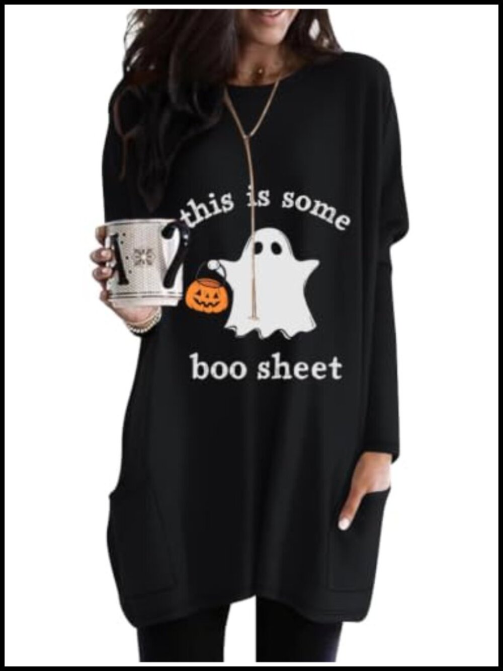 Women's Halloween Ghost Pumpkin Graphic Tunic Long Sleeve Crew Neck